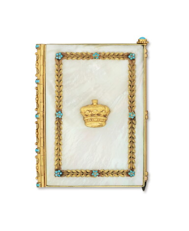 View full screen - View 1 of Lot 234. A gold-mounted turquoise-set mother-of-pearl carnet de bal,.