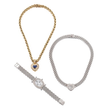 View full screen - View 1 of Lot 173. Ensemble de bijoux or, saphir et diamant | Set of of gold, sapphire and diamond jewels.