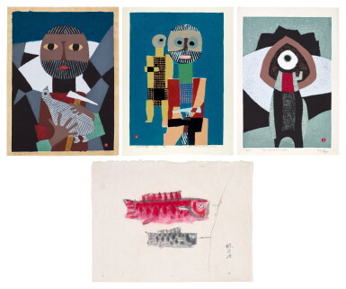 View full screen - View 1 of Lot 201. Azechi Umetaro (1902-1999) Three woodblock prints and a drawing, Showa period, 20th century.