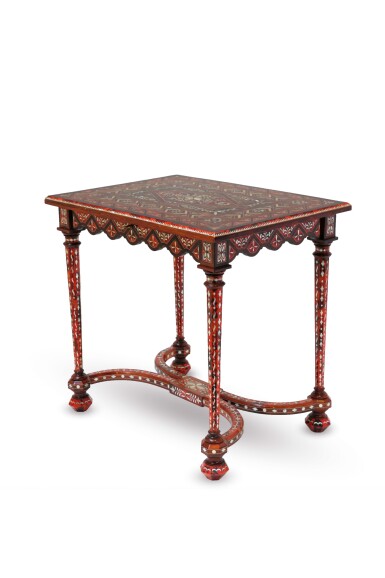 View full screen - View 1 of Lot 89. A TORTOISESHELL AND MOTHER-OF-PEARL INLAID ROSEWOOD CENTER TABLE, GROHÉ À PARIS, CIRCA 1840-1850, THE TRAY, MEXICO, 17TH CENTURY | TABLE DE MILIEU EN PALISSANDRE, ÉCAILLE ROUGE ET INCRUSTATIONS DE NACRE PAR GROHÉ À PARIS, VERS 1840-1850, LE PLATEAU EN BOIS EXOTIQUE ET INCRUSTATIONS D'ÉCAILLE ET NACRE, MEXIQUE, XVIIE SIÈCLE.