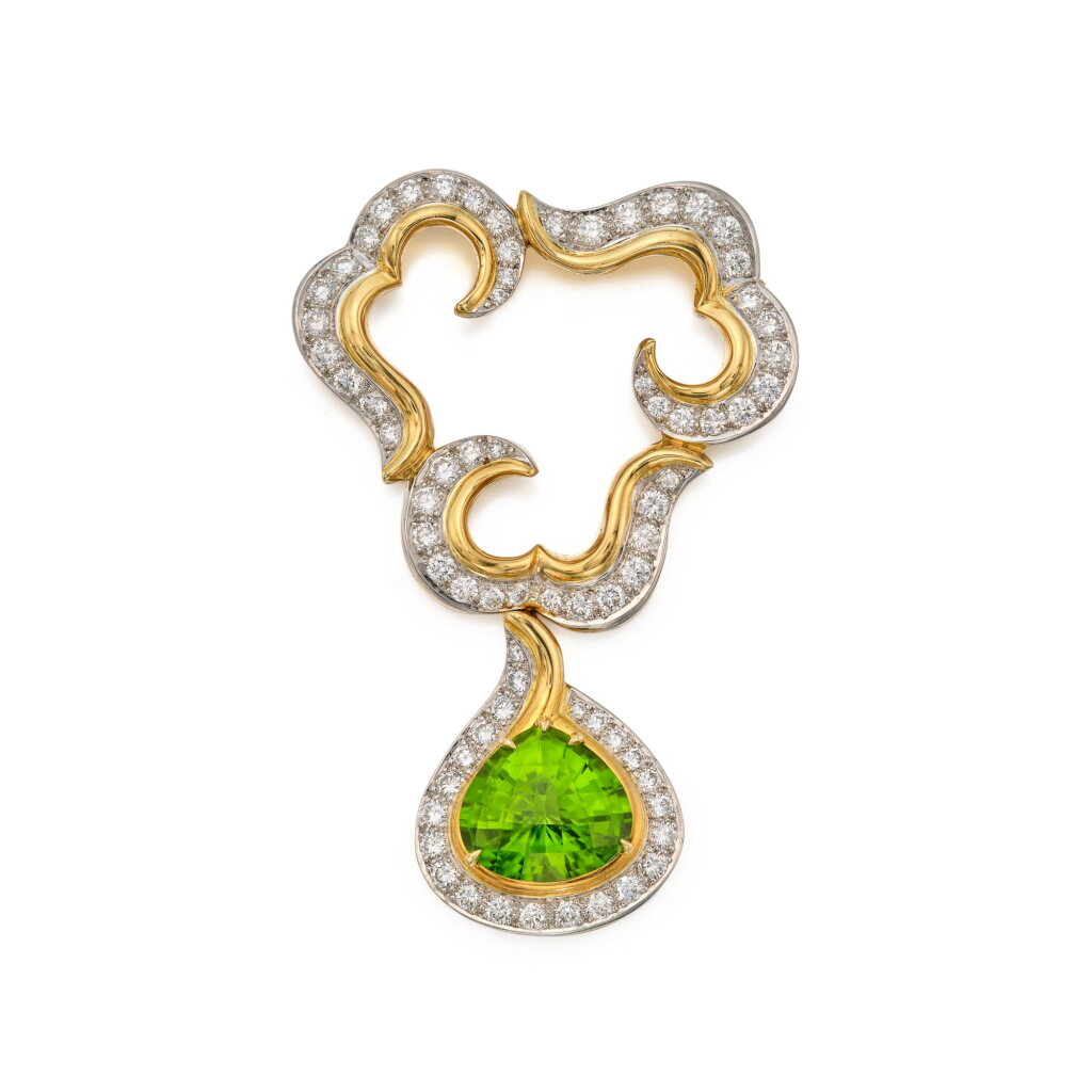 View full screen - View 1 of Lot 24. Gold, Peridot and Diamond Brooch.