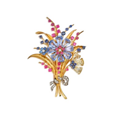 View full screen - View 1 of Lot 444. Gold, Sapphire, Ruby and Diamond Clip-Brooch.