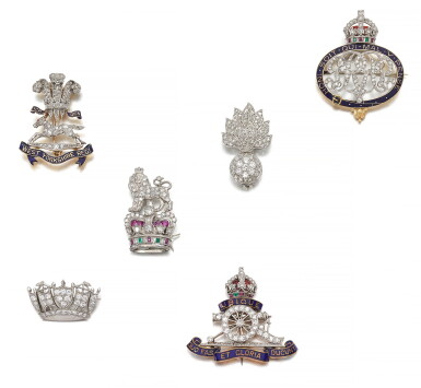 View full screen - View 1 of Lot 49. COLLECTION OF GEM SET AND DIAMOND REGIMENTAL BROOCHES.