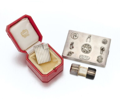View full screen - View 1 of Lot 48. Silver cigarette case, gold-plated silver and enamel pocket-watch and silver lighter (Portasigarette in argento, orologio da tasca in argento placcato oro e un accendino in argento).