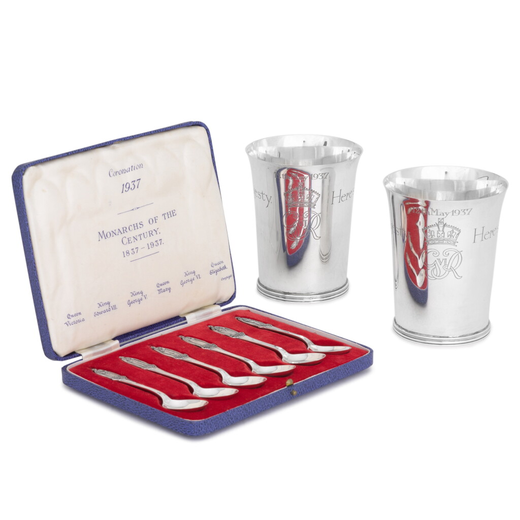 View full screen - View 1 of Lot 49. Royal: a cased set of silver 'Monarchs of the Century' teaspoons, Cooper Bros & Son, Sheffield, 1936.
