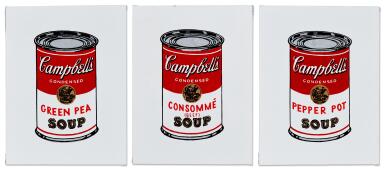 View full screen - View 1 of Lot 303. i. Andy Warhol, ‘Campbell’s Soup, Green Pea Soup', 1962 ii. Andy Warhol, ‘Campbell’s Soup, Consommé (Beef)', 1962 iii. Andy Warhol, ‘Campbell’s Soup, Pepper Pot', 1962.