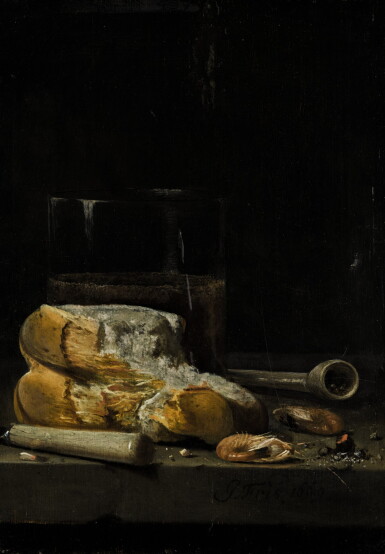 View full screen - View 1 of Lot 116. JAN FRIS | STILL LIFE OF BREAD, PRAWNS, A PIPE AND A GLASS OF BEER ARRANGED ON A TABLE.