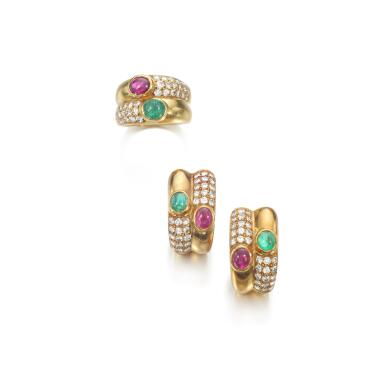 View full screen - View 1 of Lot 910. Emerald, ruby and diamond demi-parure.