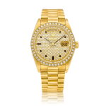 Day-Date, Reference 18048 | A yellow gold, diamond and onyx-set wristwatch with day, date and bracelet, Circa 1984 | 勞力士 | Day-Date, 型號18048 | 黃金鑲鑽石及瑪瑙鏈帶腕錶,備日期及星期顯示,約1984年製