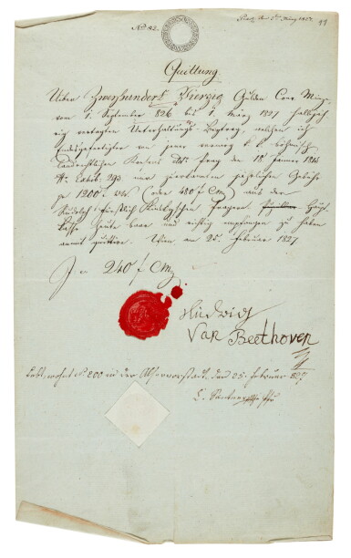 View full screen - View 1 of Lot 189. L. v. Beethoven. Receipt signed and sealed by Beethoven, for his allowance from Prince Kinsky, 25 February 1827.