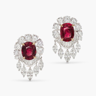 View full screen - View 1 of Lot 1809. Ruby and Diamond Earrings | 3.03 及 3.02克拉 天然 「緬甸」未經加熱紅寶石 配 鑽石 耳環一對.