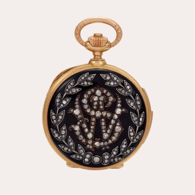 View full screen - View 1 of Lot 214. A yellow gold, enamel and diamond-set hunting case quarter repeating keyless lever watch | Circa 1884.