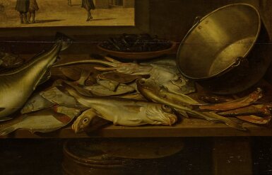 View full screen - View 1 of Lot 63. Assortment of fish with a bowl of mussels and a copper pot on a wooden table.