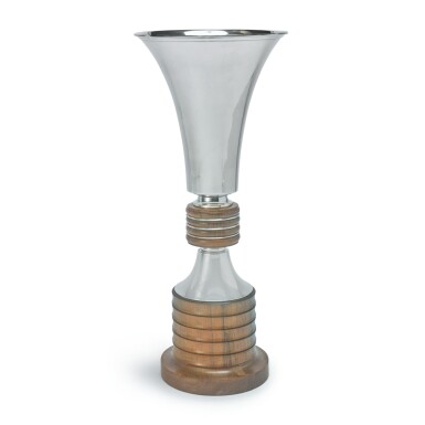 View full screen - View 1 of Lot 832. A BELGIAN SILVER AND WOOD VASE ON STAND, WOLFERS, BRUSSELS, CIRCA 1950.