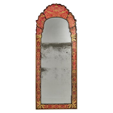 View full screen - View 1 of Lot 1009. A Queen Anne Scarlet and Verre Églomisé Pier Mirror, in the Manner of Thomas and René Pelletier, Circa 1710.