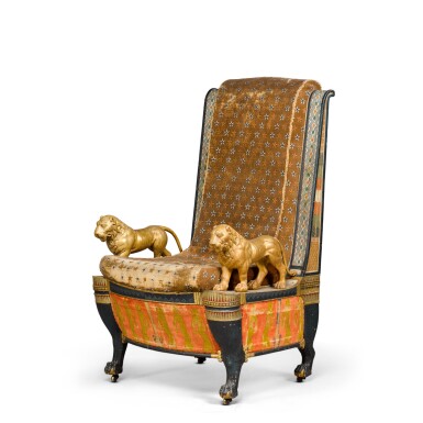 View full screen - View 1 of Lot 64. A French polychrome-decorated parcel-gilt throne armchair, early 19th century, after a wall painting in the tombs of the Valley of the Kings.