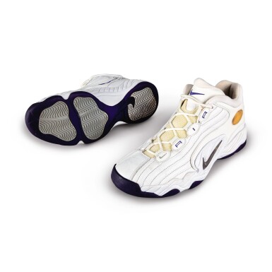 View full screen - View 1 of Lot 54. John Stockton Worn and Dual Signed Nike Air Props Uptempo | Size 12.5.