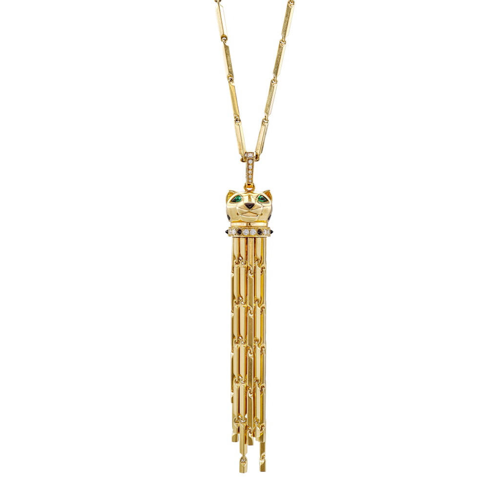 View full screen - View 1 of Lot 230. 'Panthère' Emerald, Onyx, Enamel and Diamond Pendent Necklace | 卡地亞 | 'Panthère' 祖母綠, 縞瑪瑙 配 琺瑯彩 及 鑽石 項鏈.
