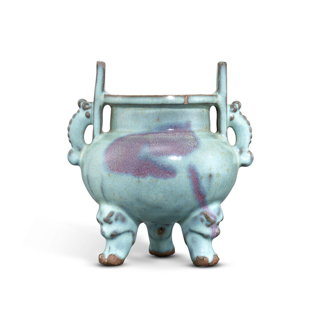 View full screen - View 1 of Lot 3866. A Junyao purple-splashed tripod incense burner, Yuan - Ming dynasty | 元至明 鈞窰月白釉紫斑沖天耳三獸足爐.