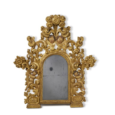 View full screen - View 1 of Lot 45. A Pair of Spanish Colonial Baroque Polychrome Painted Carved Giltwood Mirrors, Early 18th Century.