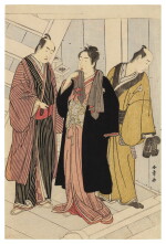 Katsukawa Shunsho (1726-1792) | Actors Ichikawa Monnosuke II, Iwai Hanshiro IV and possibly Iwai Karumo conversing backstage | Edo period, late 18th century