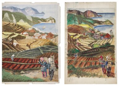 View full screen - View 1 of Lot 118. Sekino Jun'ichiro (1914-1988) | A woodblock print with preliminary sketch to the reverse and a painted draft for the print with a woodblock print of deer and fawns to the reverse | Showa period, 20th century .