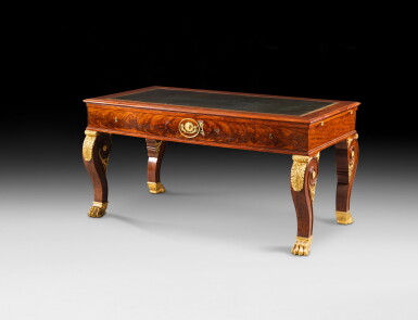 View full screen - View 1 of Lot 62. A gilt-bronze mounted mahogany and mahogany venereed desk, Empire, circa 1810, attributed to Jacob-Desmalter | Bureau en acajou et placage d'acajou et monture de bronze doré d'époque Empire, vers 1810, attribué à Jacob-Desmalter.