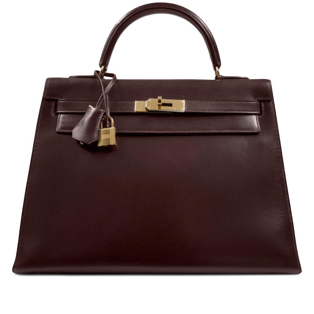 View full screen - View 1 of Lot 59. Vintage Brown Box Kelly 32 Sellier Gold Hardware, 1979.