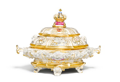 View full screen - View 1 of Lot 225. A Meissen armorial two-handled shaped-oval bowl and cover, 19th century.