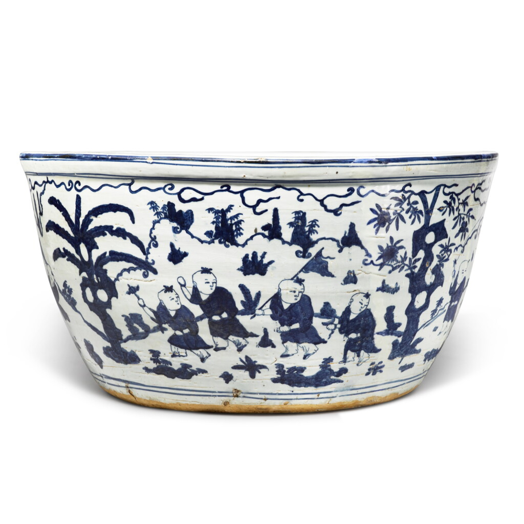 View full screen - View 1 of Lot 87. A very large blue and white 'boys' fishbowl, Mark and period of Jiajing | 明嘉靖 青花嬰戲圖大缸 《大明嘉靖年製》款.