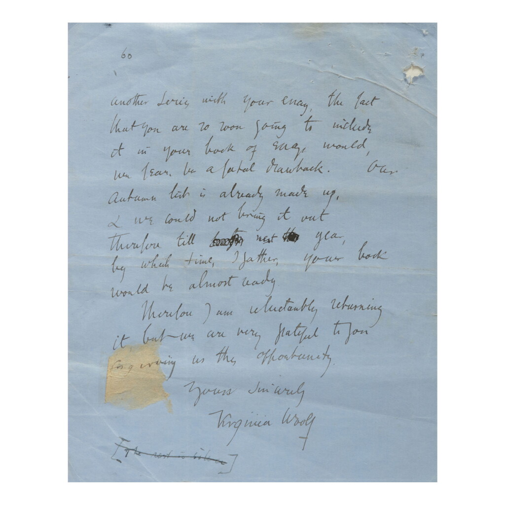 View full screen - View 1 of Lot 100. VIRGINIA WOOLF | AUTOGRAPH LETTER SIGNED ("VIRGINIA WOOLF") TO LOGAN PEARSALL SMITH, REGARDING A SUBMISSION FOR PUBLICATION.