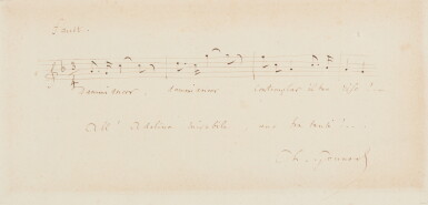 View full screen - View 1 of Lot 199. C. Gounod. Autograph musical quotation from the love duet in Act 3 of "Faust", signed and inscribed to Adelina Patti.