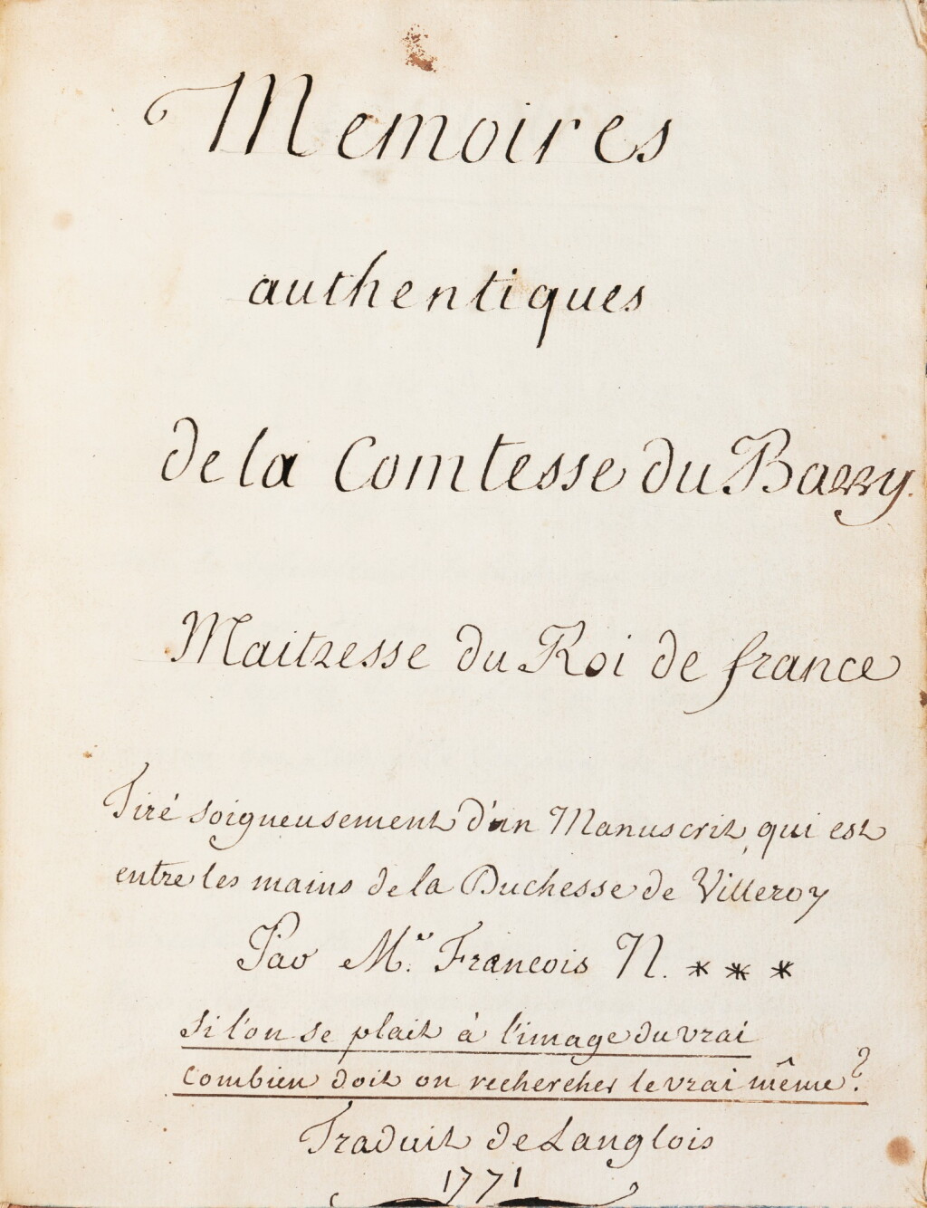 View full screen - View 1 of Lot 23. Mémoires authentiques... 1771. Manuscrit. Petit in-4. Veau porphyre de l'époque..