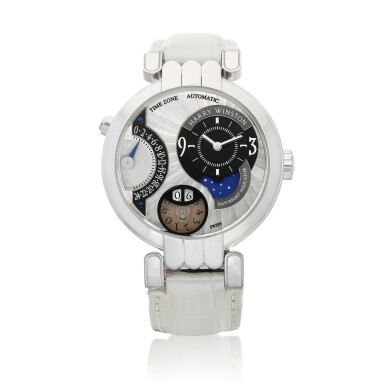 View full screen - View 1 of Lot 8216. Premier Excenter Timezone | A white gold retrograde dual time zone wristwatch with day and night indication and date, Circa 2010 | 海瑞温斯頓 | Premier Excenter Timezone | 白金逆跳兩地時間腕錶,備晝夜及日期顯示,約2010年製.