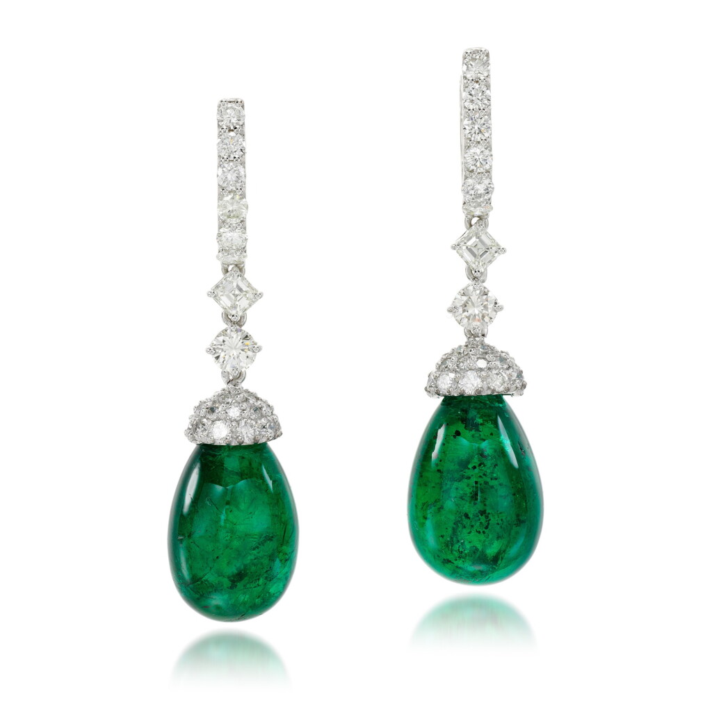 View full screen - View 1 of Lot 161. Pair of emerald and diamond earrings.