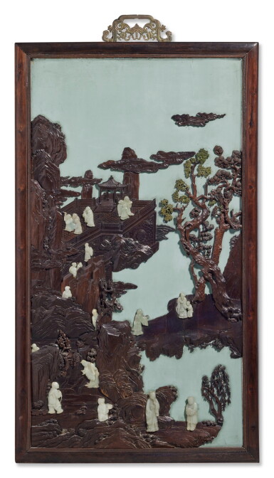 View full screen - View 1 of Lot 205. A large and rare white jade-inset 'jichimu' ‘scholars’ panel, Qing dynasty, Qianlong period.