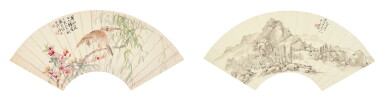 View full screen - View 1 of Lot 624. Lu Hui 1851-1920, Flowers and Bird and Xu Fu 1836-1908, Landscape | 陸恢 1851-1920 花鳥 及 徐郙 1836-1908 山水 水墨及設色紙本 扇面二幀.