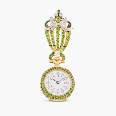 View full screen - View 1 of Lot 497. Retailed by Tiffany & Co.: A yellow gold, demantoid and diamond-set keyless open-faced brooch watch, Circa 1902.
