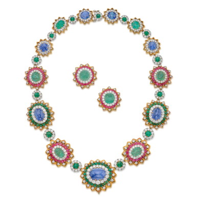 View full screen - View 1 of Lot 44. Gold, Colored Stone and Diamond Necklace and Pair of Earclips.