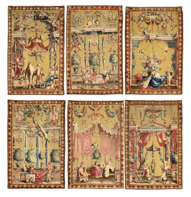 View full screen - View 1 of Lot 28. Six fragments of "Grotesques" tapestries, royal manufacture of Beauvais, early 18th century | Six fragments de la tenture des Grotesques, manufacture royale de Beauvais, début XVIIIe siècle.