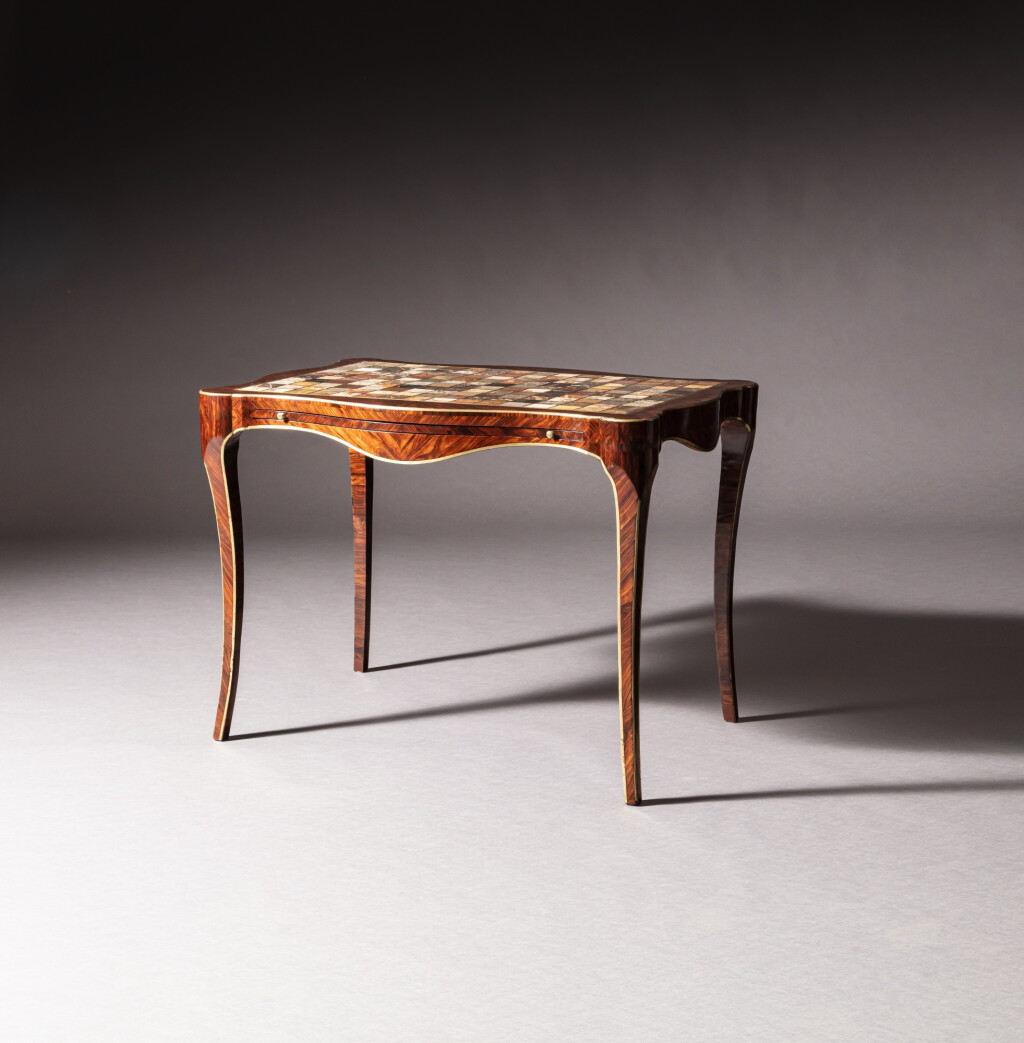 View full screen - View 1 of Lot 362. A gilt-brass mounted kingwood veneered Campionario table, Italy, circa 1750 | Table Campionario en placage de bois de violette, monture de laiton doré, Italie, vers 1750.