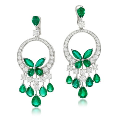 View full screen - View 1 of Lot 155. Pair of emerald and diamond earrings.