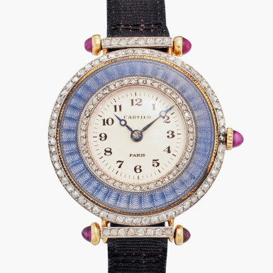View full screen - View 1 of Lot 104. Diabolo | A yellow gold, platinum, enamel and diamond-set lady’s wristwatch with guillochéd Paris dial, Circa 1908 .
