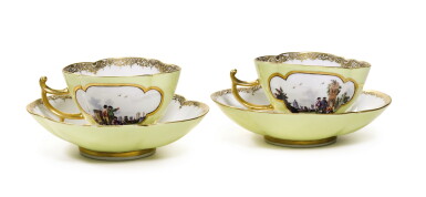 View full screen - View 1 of Lot 65. A pair of Meissen yellow-ground quatrefoil cups and saucers, Circa 1740.