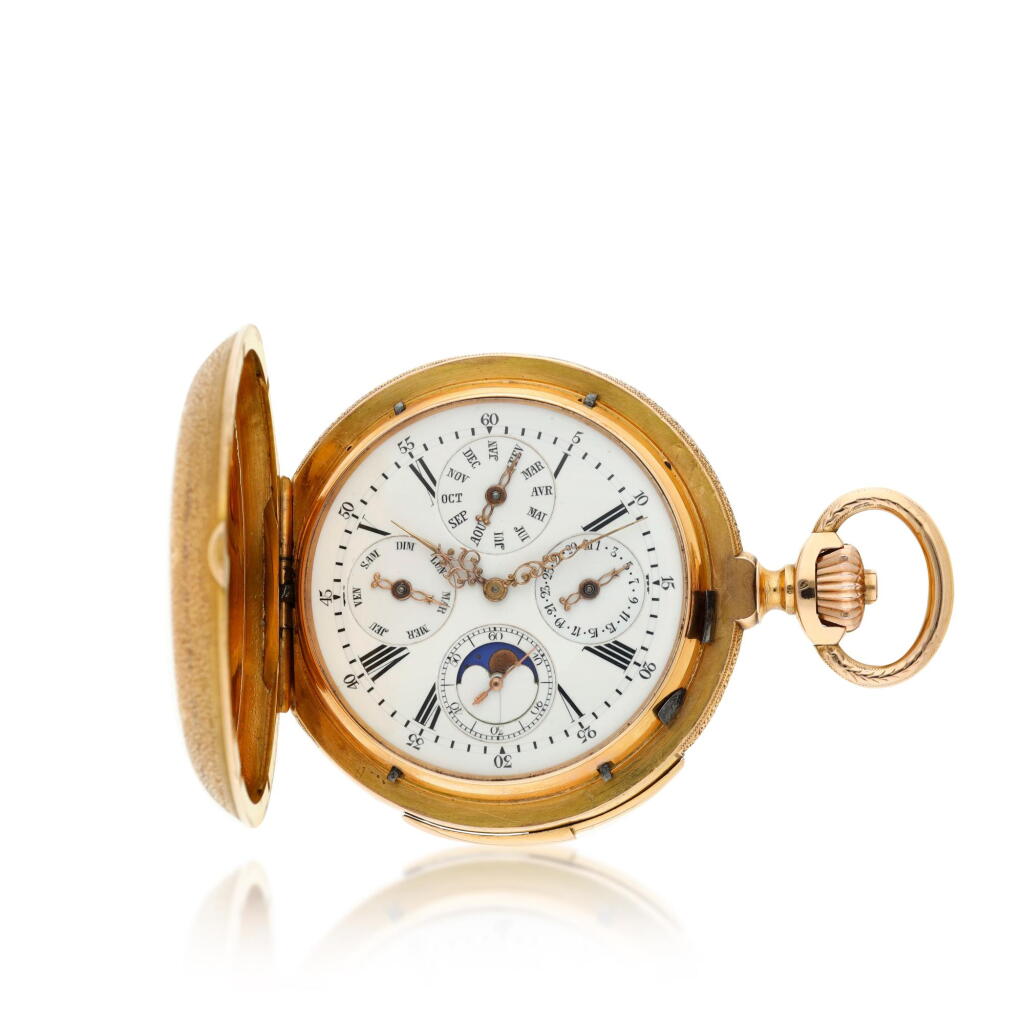 View full screen - View 1 of Lot 198. A yellow gold annual calendar minute repeating hunting cased watch, Circa 1900.