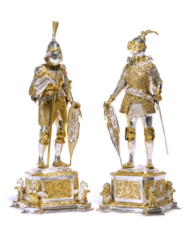View full screen - View 1 of Lot 331. A Pair of German Parcel-Gilt Silver Standing Knights in Armor, Marked Os, 20th Century.