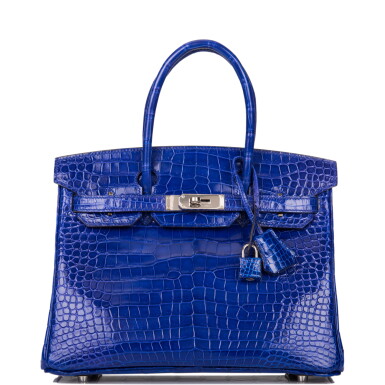 View full screen - View 1 of Lot 7. Hermès Bleu Electrique Birkin 30cm of Shiny Porosus Crocodile with Palladium Hardware.