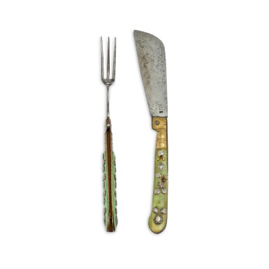 View full screen - View 1 of Lot 523. Pair of Continental Silver and Green Stained Horn Mounted Traveling Folding Knife and Fork, Probably German, Early 18th Century.