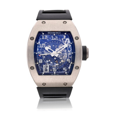 View full screen - View 1 of Lot 30. Reference RM010 AG WG | A white gold skeletonized wristwatch with date, Circa 2015 | Richard Mille RM010 AG WG | 型號白金鏤空腕錶備日期顯示,約2015年製.