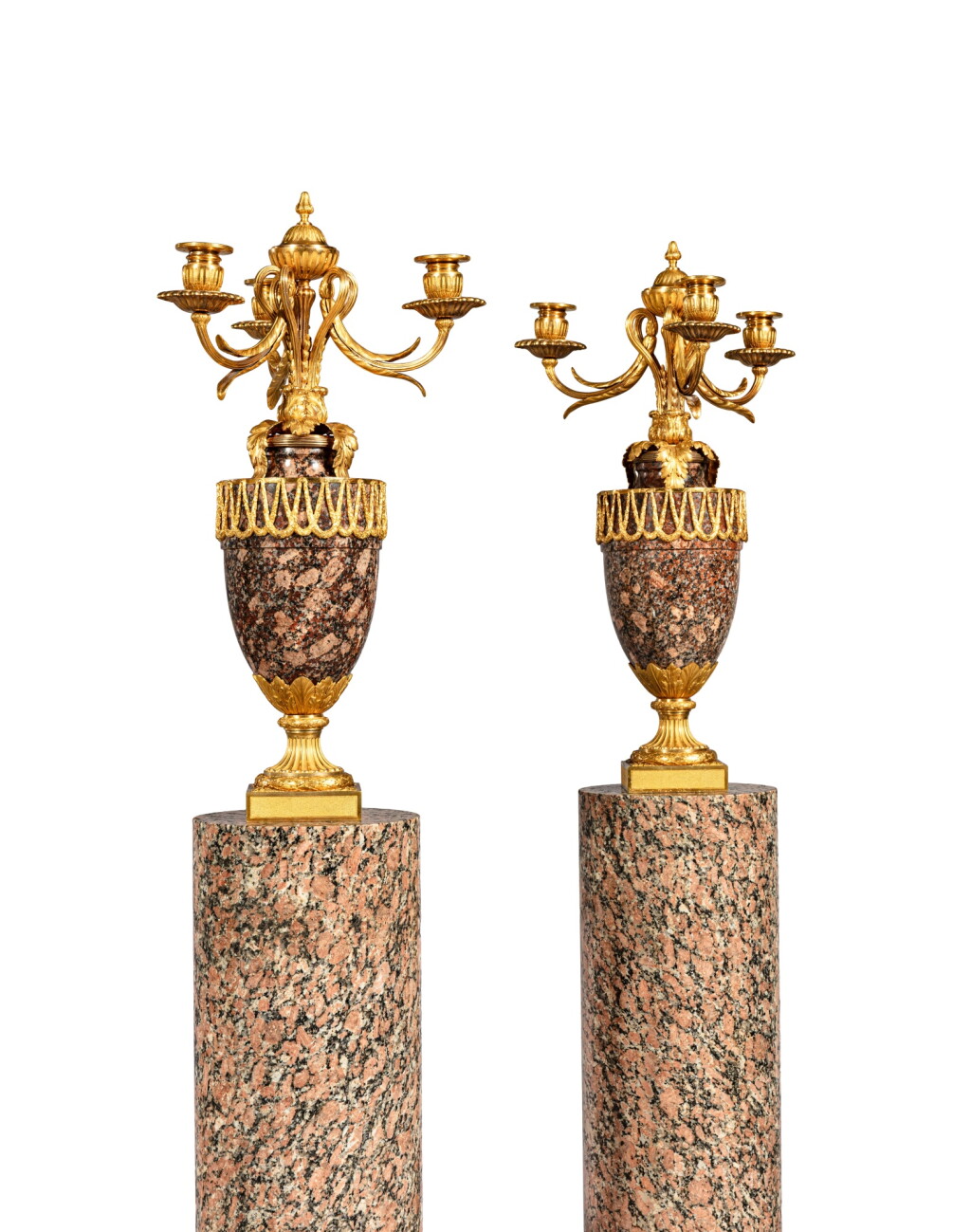 View full screen - View 1 of Lot 46. A pair of Louis XVI gilt-bronze mounted and granite three-light candelabra, possibly Russian, circa 1770.